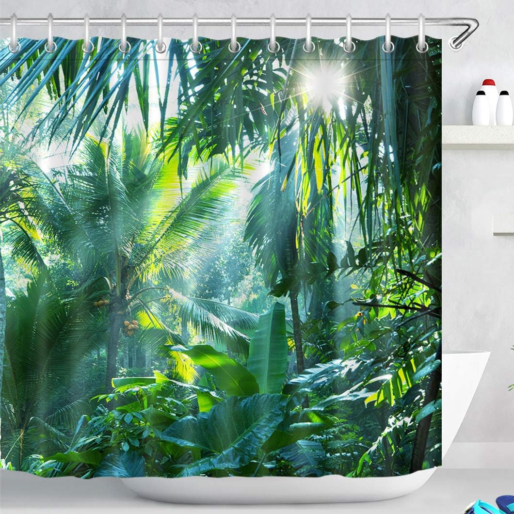 Green Forest douchegordijn, tropische bladeren, palmbomen, bananenbladeren – douchegordijn in jungle-design, extra brede uitvoering, waterdicht, schimmelbestendig, van polyester