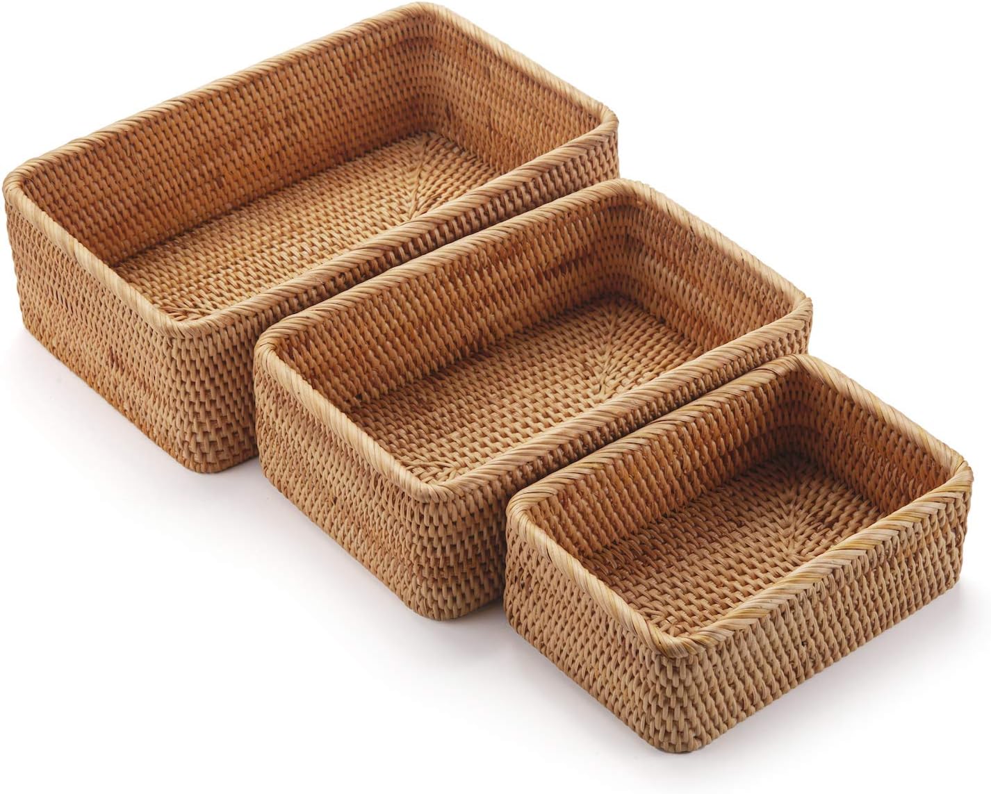 Opbergmand van natuurlijk rotan, rechthoekige, gevlochten opbergbox, stapelbare sleutelhouder voor keukenkastjes en planken, set van 3