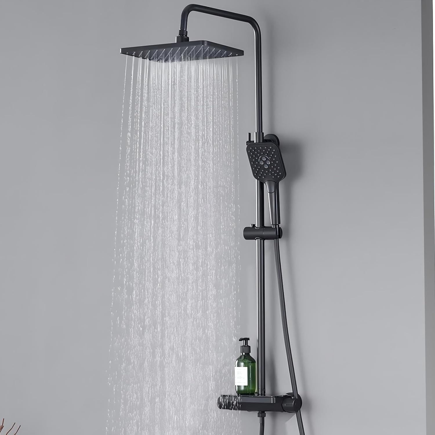 Douchesysteem met thermostaat en glazen plank, douchekraan, complete set met 12-inch regendouchekop, handdouche, 3 straalsoorten, waterbesparend, in