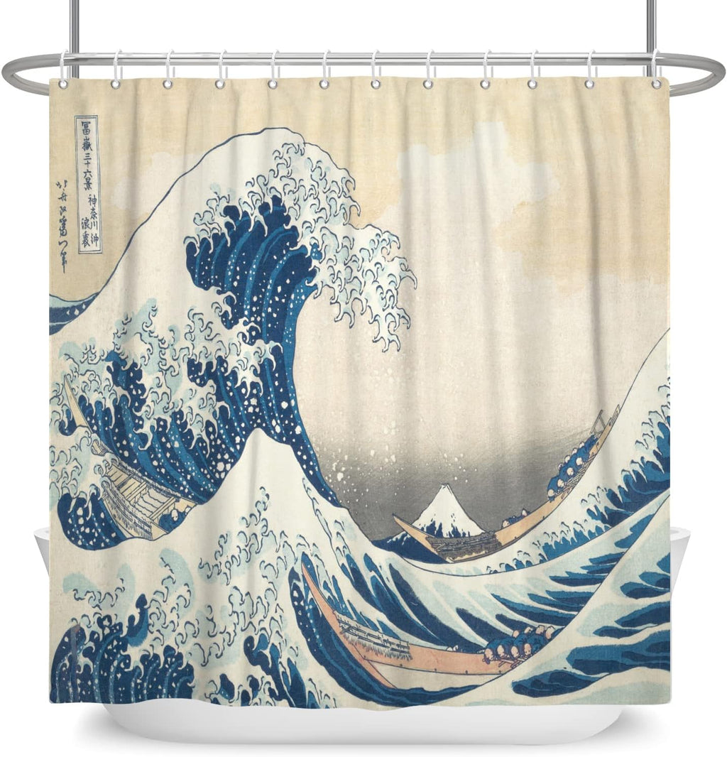 180 x 243 cm Japanse douchegordijn met zeegolven, abstracte zeegolven, houten boot, Ukiyo-e-motief, Fuji-berg-douchegordijn voor de badkamer, poly
