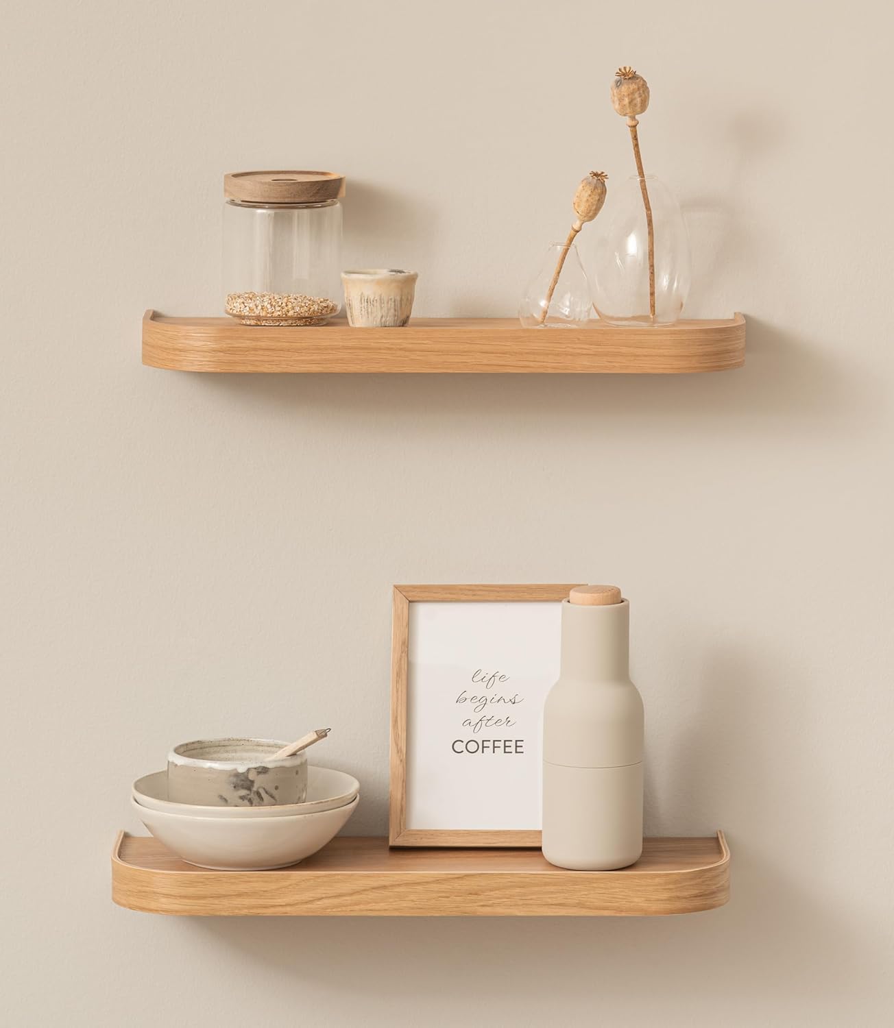 Wandplankenset „Toke“ | 2 hangplanken van echt houtfineer | Zwevende houten plank als wanddecoratie en opbergruimte voor badkamer, woonkamer, keuken,