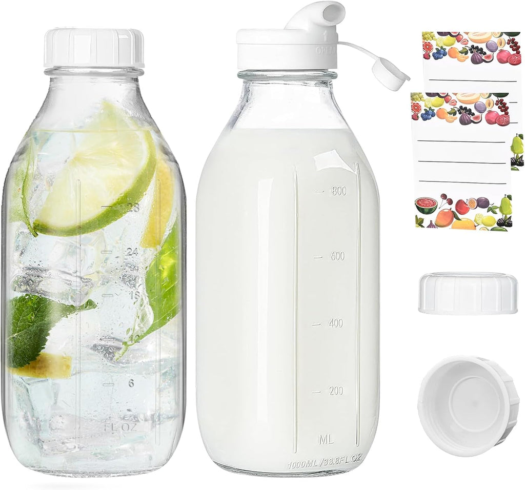 Smoothiefles, set van 2 melkflessen met deksel, glazen flessen van 1 liter om te vullen, herbruikbare smoothieglazen met deksel, ideaal voor sap, melk, milkshakes