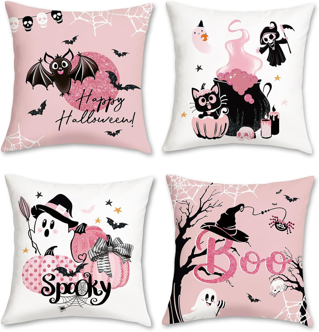 Set van 4 kussenhoezen Halloween Happy 45 x 45 cm Pompoen, kat, geest, griezelig, roze, decoratieve kussenhoezen voor bank, slaapkamer, interieur
