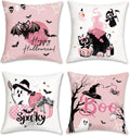 Set van 4 kussenhoezen Halloween Happy 45 x 45 cm Pompoen, kat, geest, griezelig, roze, decoratieve kussenhoezen voor bank, slaapkamer, interieur