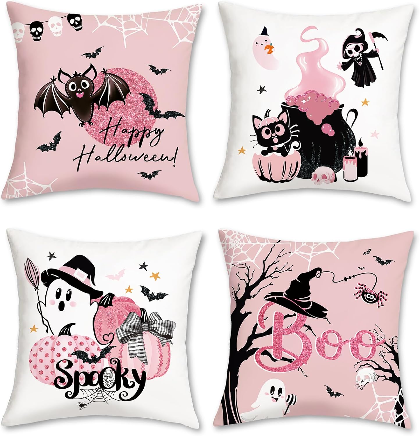 Set van 4 kussenhoezen Halloween Happy 45 x 45 cm Pompoen, kat, geest, griezelig, roze, decoratieve kussenhoezen voor bank, slaapkamer, interieur