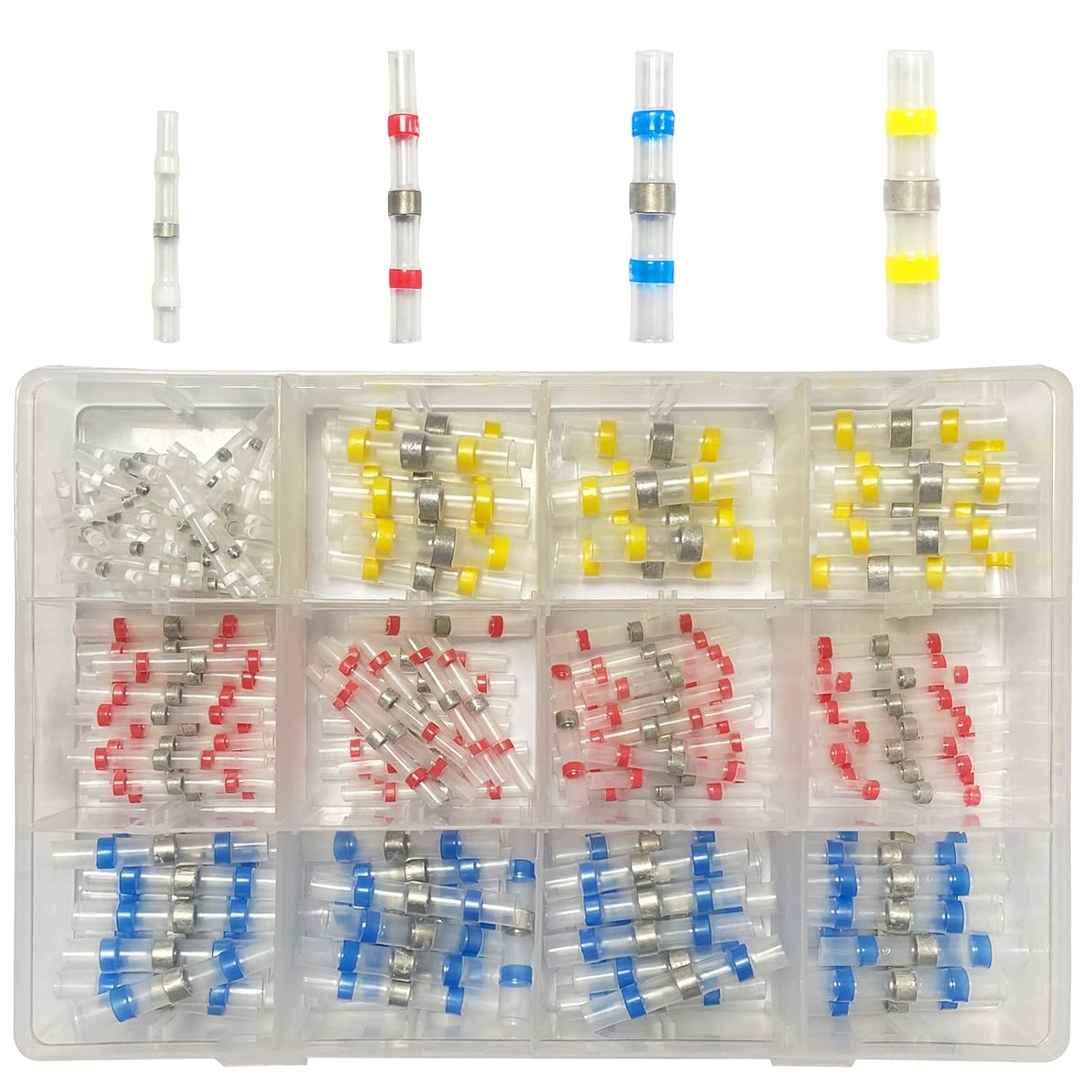 Pakket van 200 kabelverbinders, waterdicht, geïsoleerd, 4 maten, 26–10 AWG soldeerverbinders met krimpkous, krimp-/schok-/krimpverbinders voor elektronica