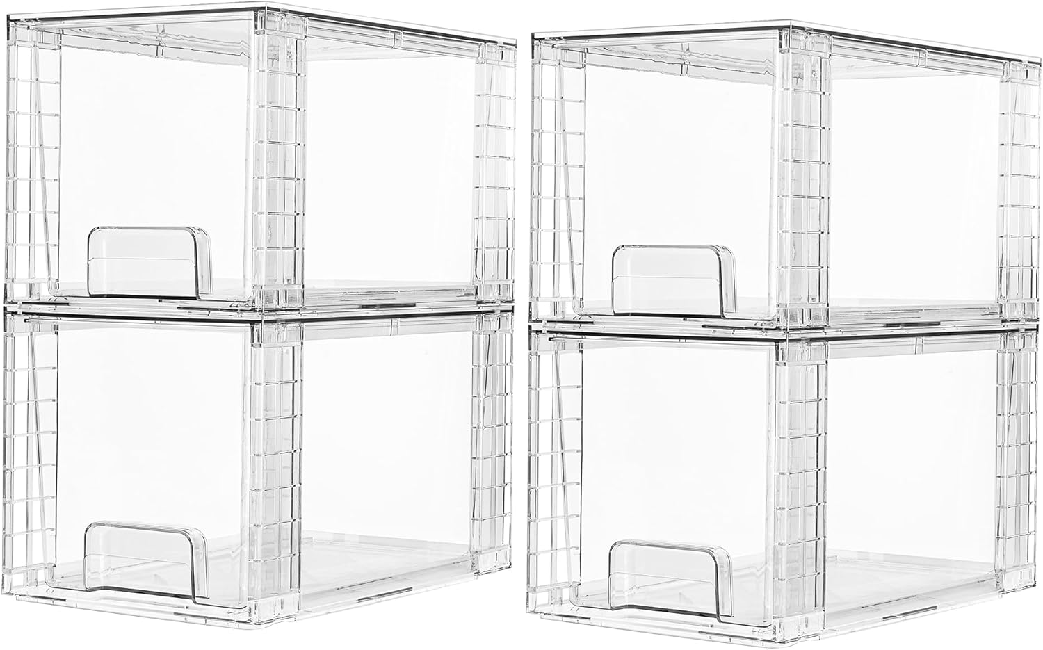 Set van 4 middelgrote stapelbare opberglades, transparante acryl lade-organizers met handgrepen, eenvoudige montage voor badkamer, kast, berging, make-up