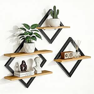 Wandplank 3-delige set, ruitvormige hangplanken, zwevende plank, modern, zwart en hout, 29 cm, 35 cm, 41 cm, voor woonkamer, slaapkamer, keuken, kantoor