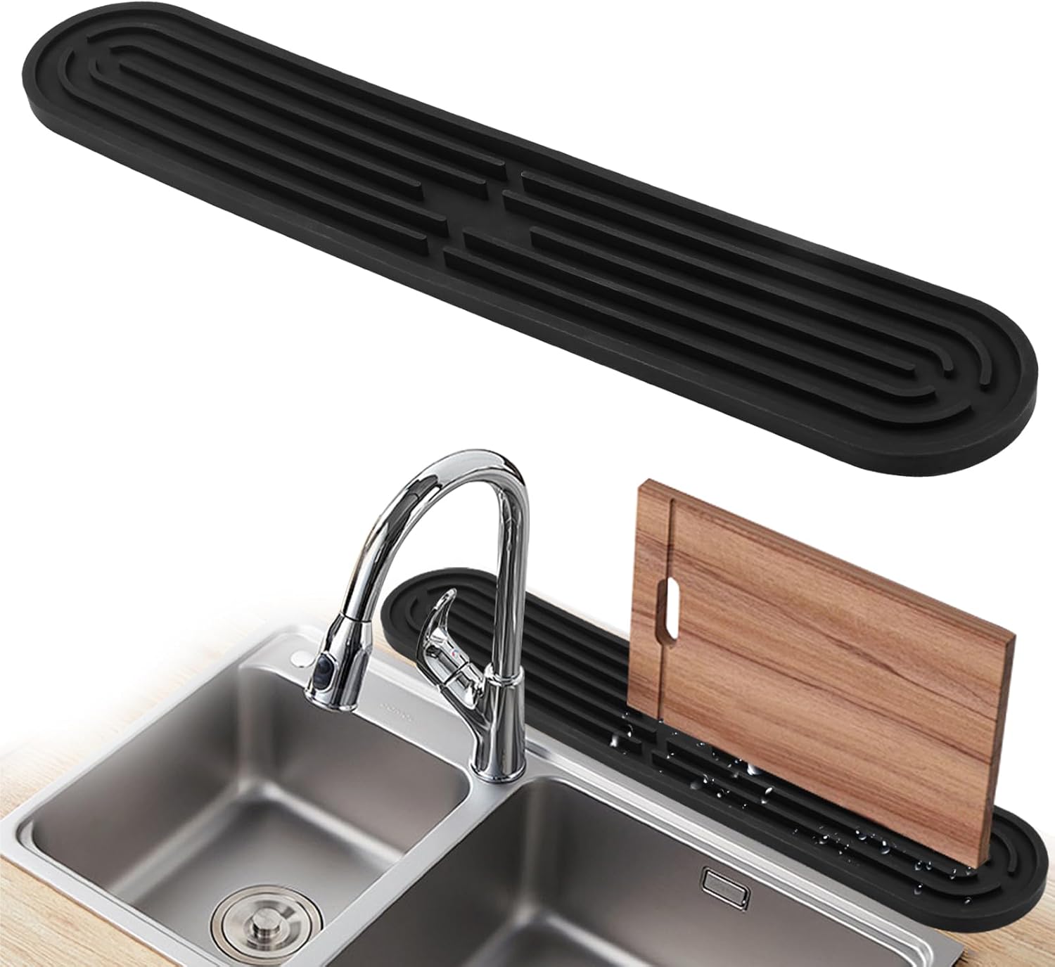 Slanke siliconen droogmat, smal, verlengd, bar-mat, afdruipmat voor glazen, drinkglazen, snijplanken 43 x 8 x 1 cm, zwart