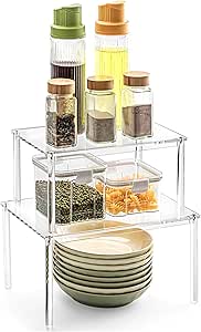 Transparant kruidenrek, keukenorganizer, gemonteerde keukenkast-organizer, set van 2 stapelbare kruidenorganizers, keukenhoekrek, mini-rek voor aanrecht