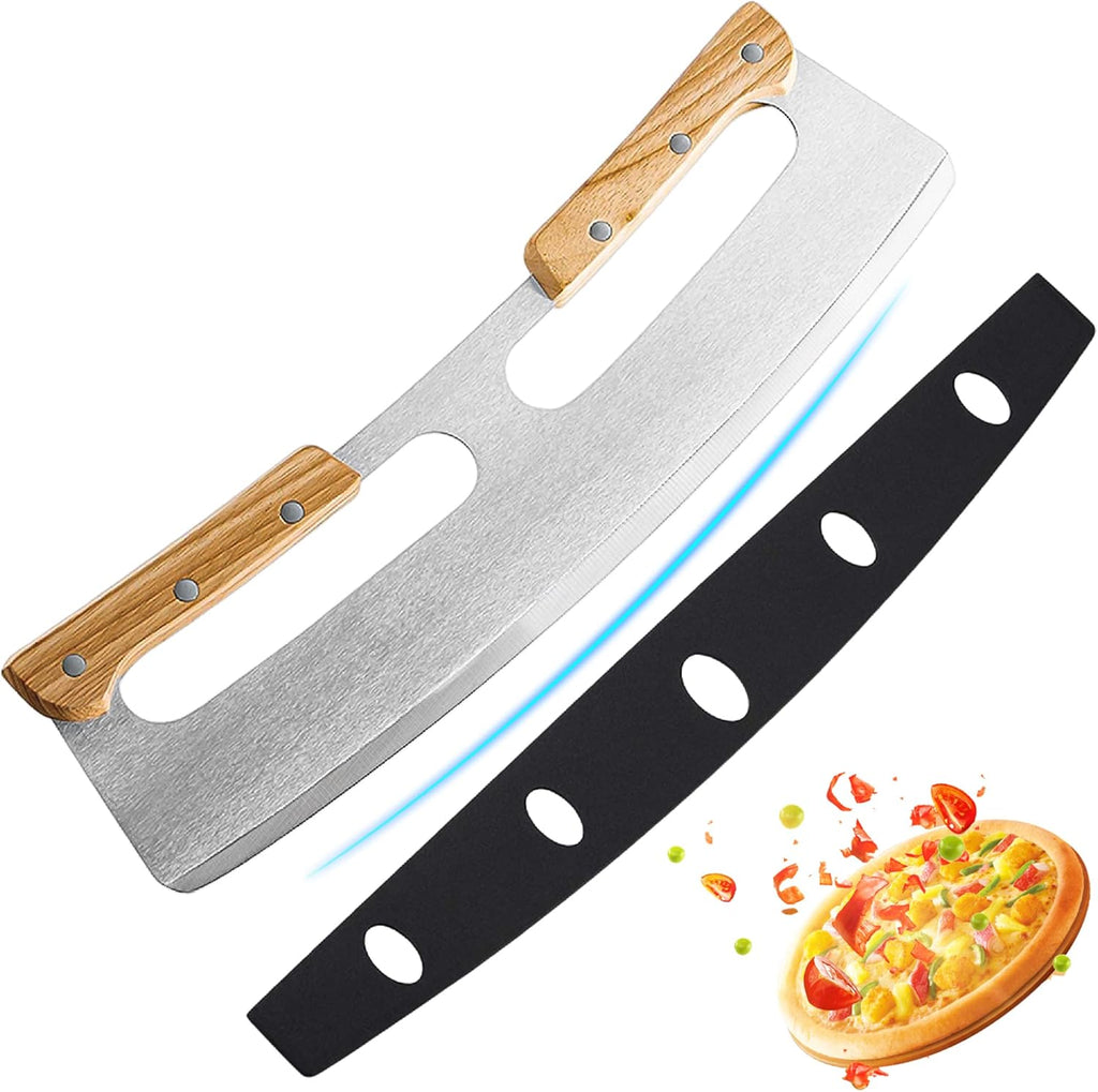 Pizzames, pizzasnijder, roestvrij staal 35 cm met houten handvat, beschermhoes, snel en gelijkmatig snijden, professioneel pizzames