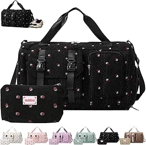 Reistas voor dames, sporttas voor dames met schoenenvak, natte vak en kleine portemonnee, aardbeien gymtas, corduroy zwemtas, weekendtas