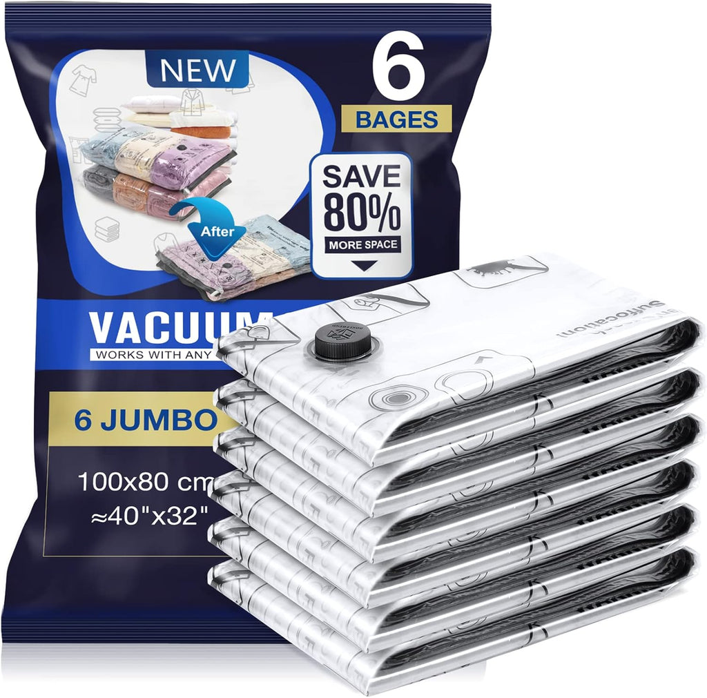 Vacuümzakken voor kleding, set van 6, 100 x 80 cm, vacuümzakken voor kleding, herbruikbare vacuümzakken, geschikt voor alle gangbare stofzuigers