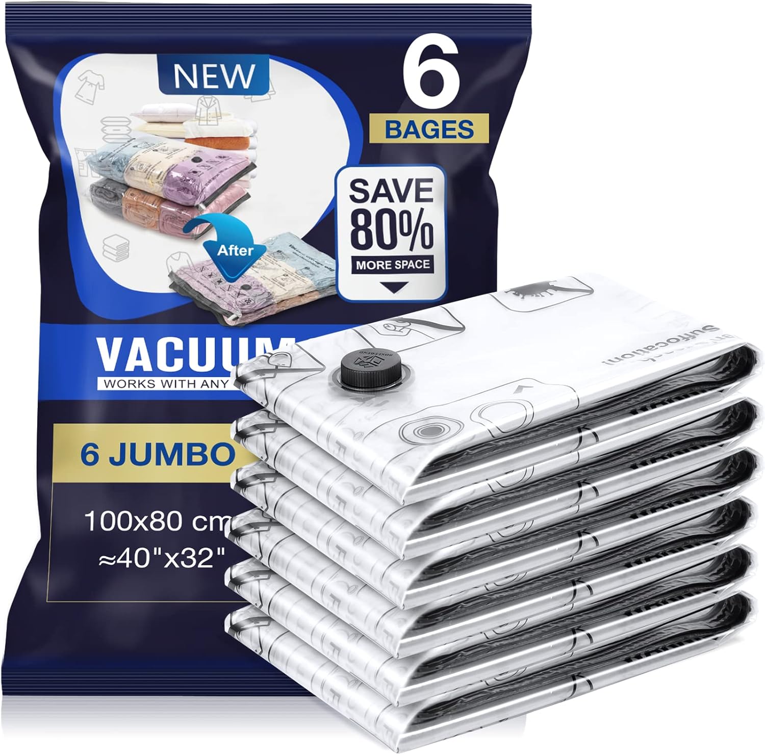 Vacuümzakken voor kleding, set van 6, 100 x 80 cm, vacuümzakken voor kleding, herbruikbare vacuümzakken, geschikt voor alle gangbare stofzuigers