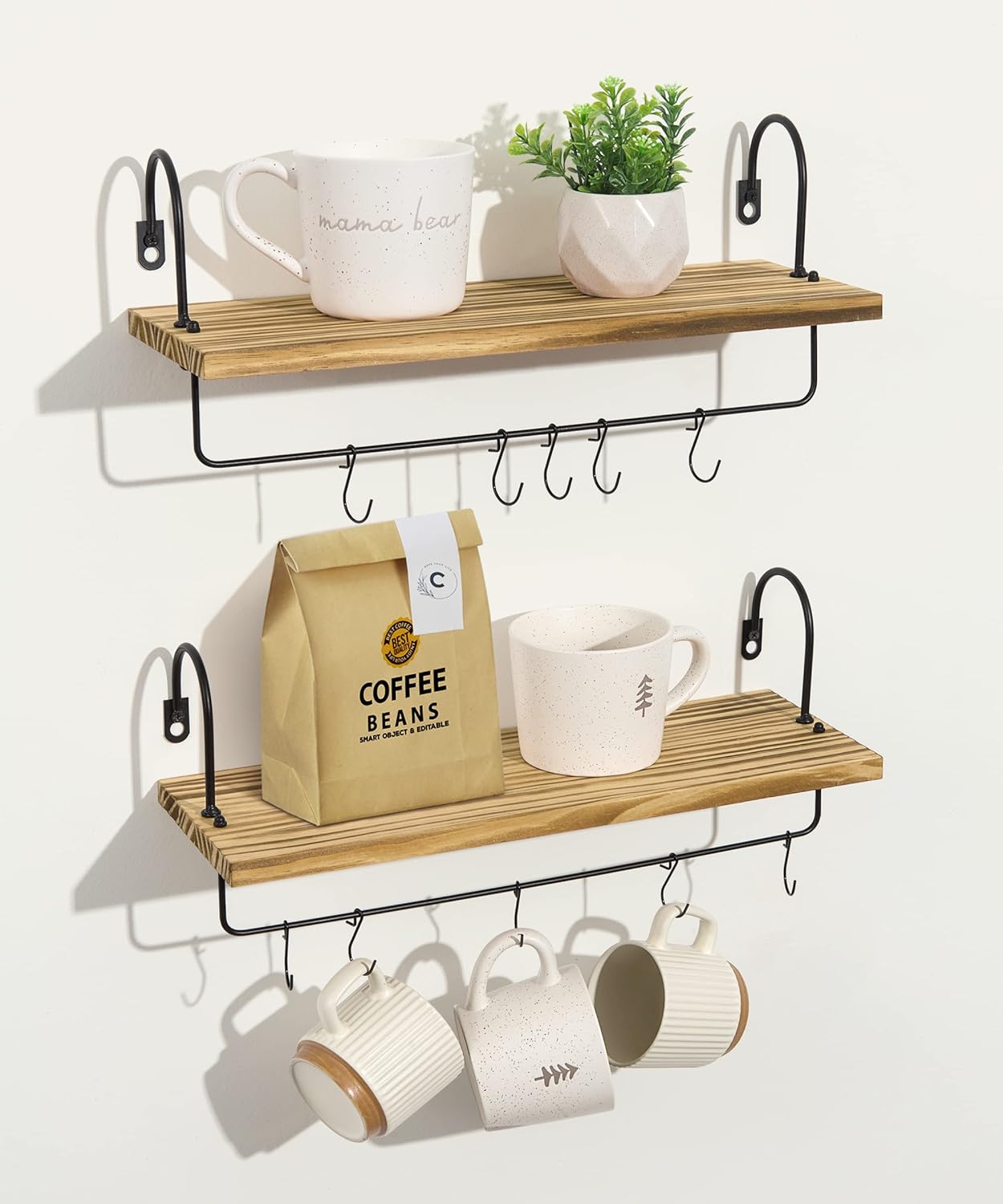 Houten wandplank, koffiebar, keukenplank, zwevende planken, set van 2, wandplank met handdoekhaak, rustiek vintage industrieel design, decoratieve Ha