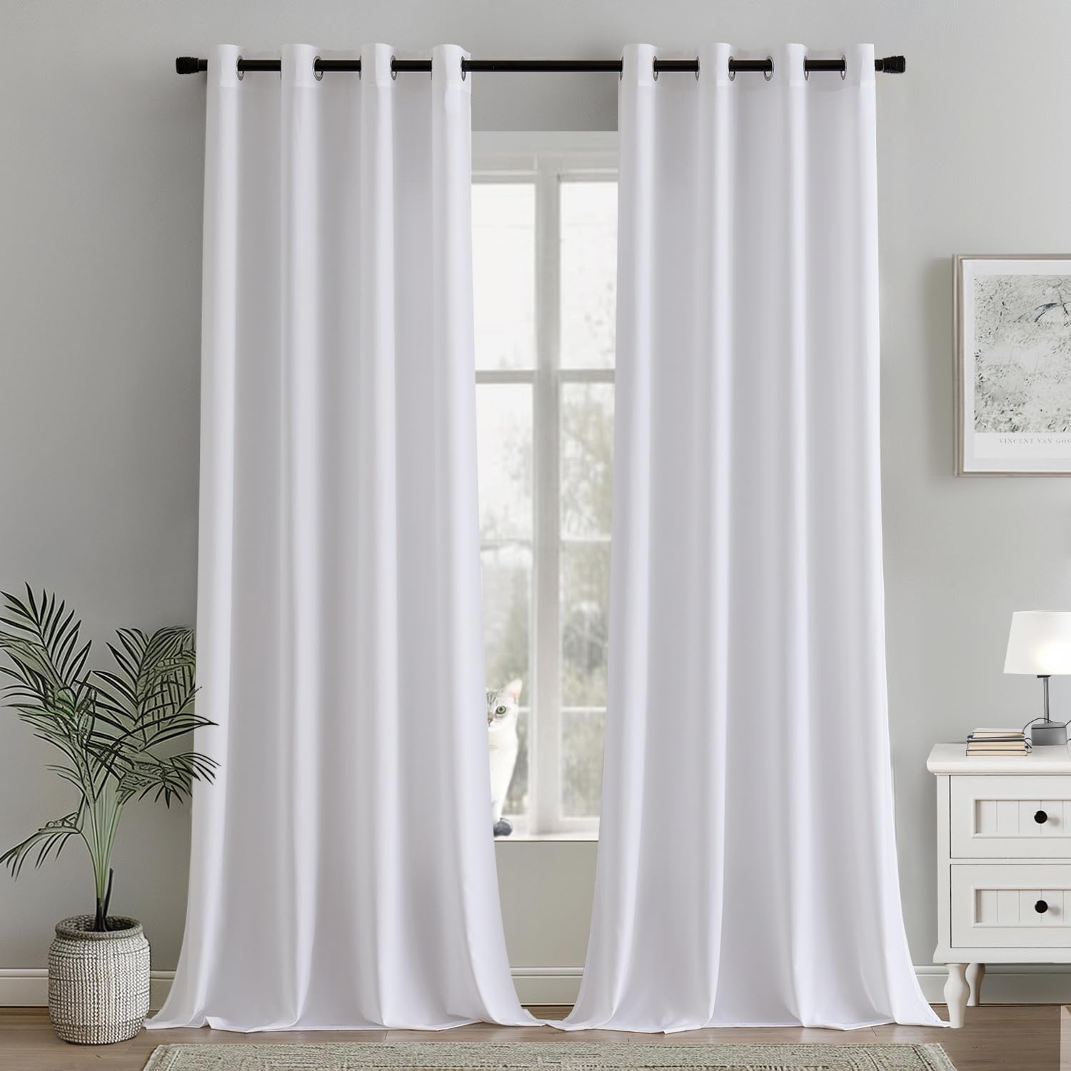 Voile-gordijnen met oogjes, halfdoorzichtig, gordijnen voor winkels, transparant gordijn met oogjes, woonkamer, gordijn met lussen, set van 2, 140 x 260 cm, wit