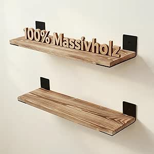 Wandplank 60 cm, set van 2, massief houten hangplanken met stalen beugels, draagvermogen 15 kg, decoratieve plank voor woonkamer/slaapkamer/kantoor – gerookt eiken & zwart