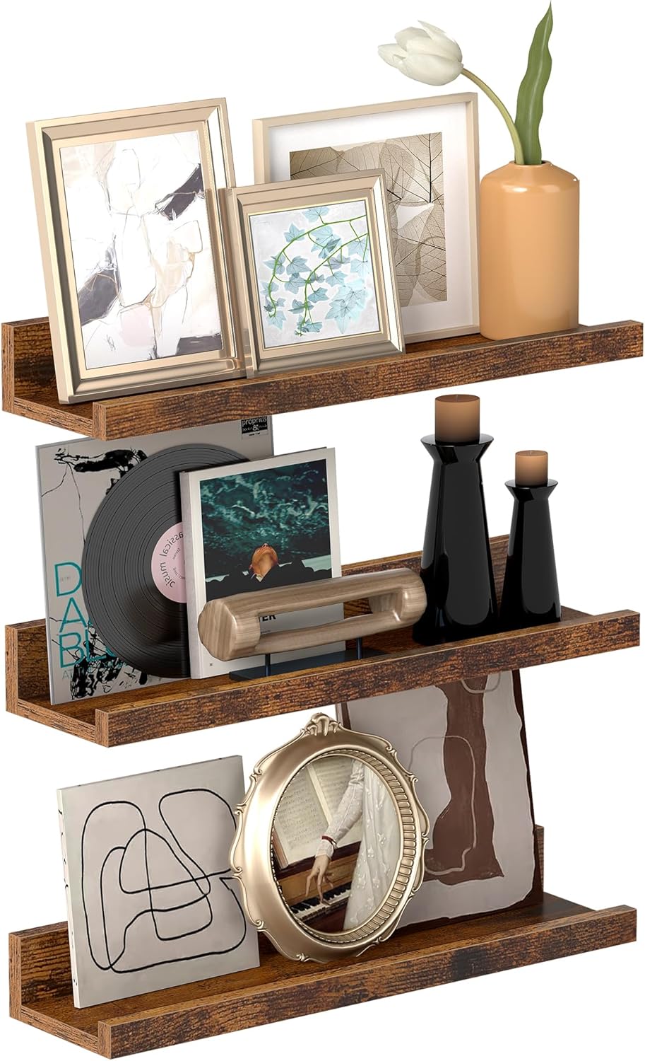 Wandplanken, set van 3 zwevende planken, lengte 38 cm, verhoogde voorkant voor decoratieartikelen, kruidenpotjes en fotolijstjes, vintage bruin