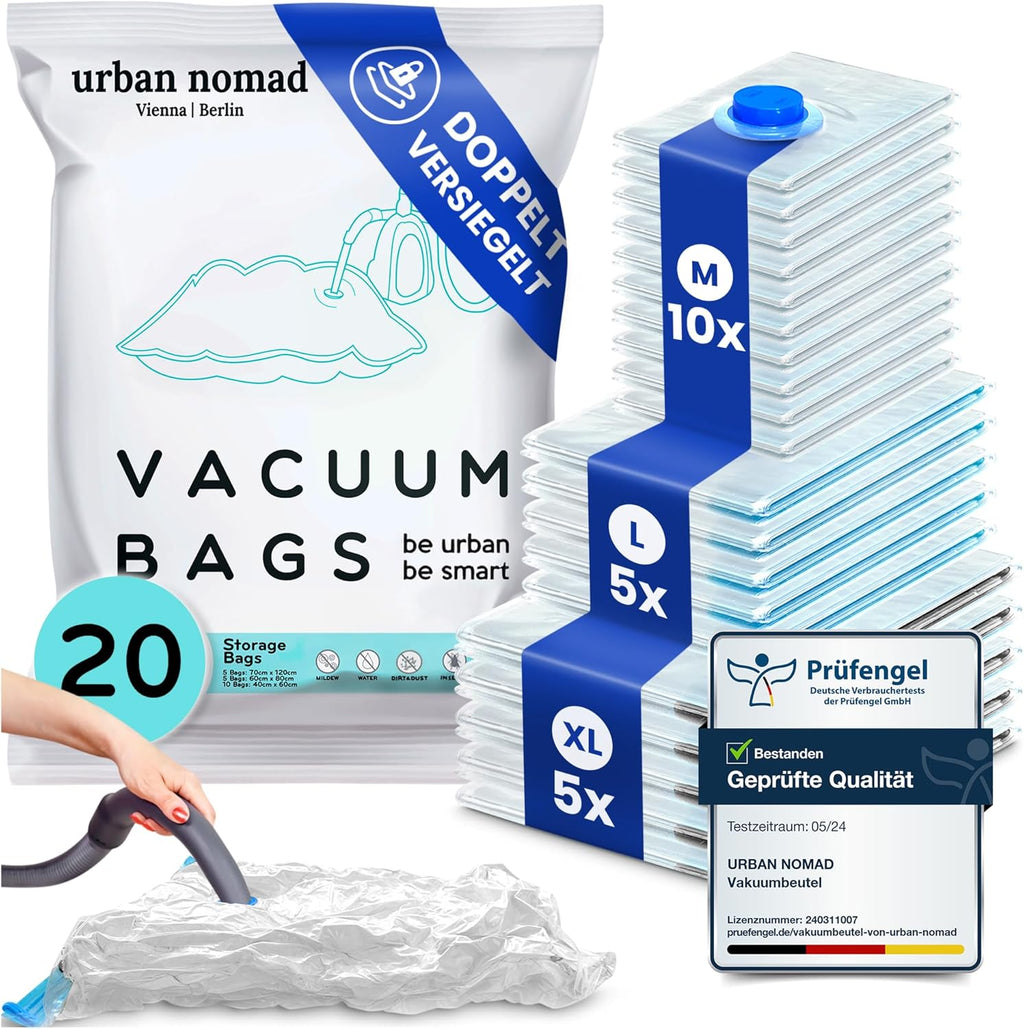 Vacuümzakken voor kleding, set van 20, 3 maten, vacuümzakken voor stofzuigers, herbruikbaar, 100% luchtdicht & robuust, compressiezakken voor op reis, kledingzakken, opberging