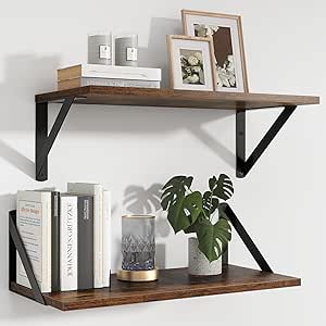 Wandplank 2-delige set, zwevende plank 40 x 20 x 12,3 cm, vintage bruine plank, boekenplank met metalen beugel, wandplank voor woonkamer, badkamer
