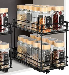 Uitschuifbaar kruidenrek met 2 niveaus – keukenorganizer met rollenrails, kruidenrek voor kast, kruidenrek zonder boren (26x15x21,8 cm)