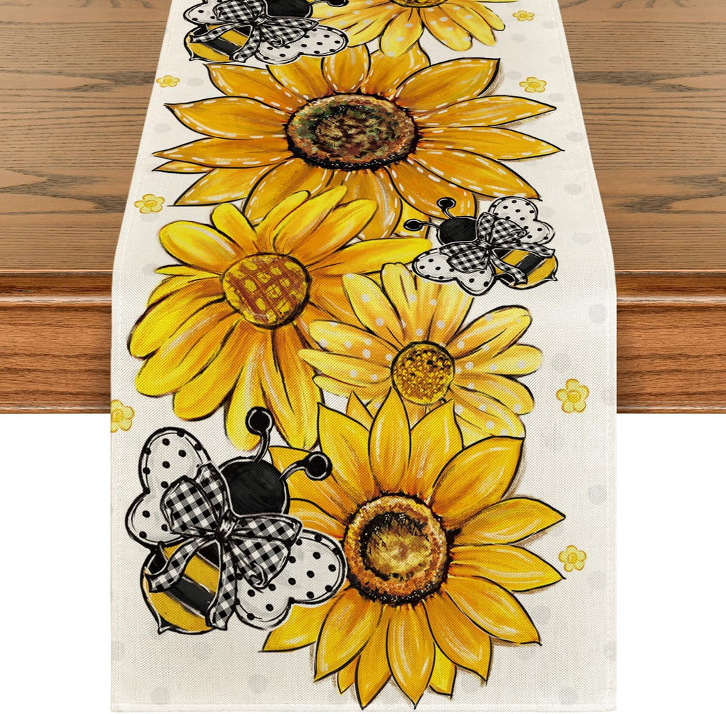 Tafelloper „Zonnebloemen en bijen“ in lente-design, seizoensgebonden zomerse keukentafelversiering, voor binnen, feestdagen, feestversiering, 40 x 140 cm