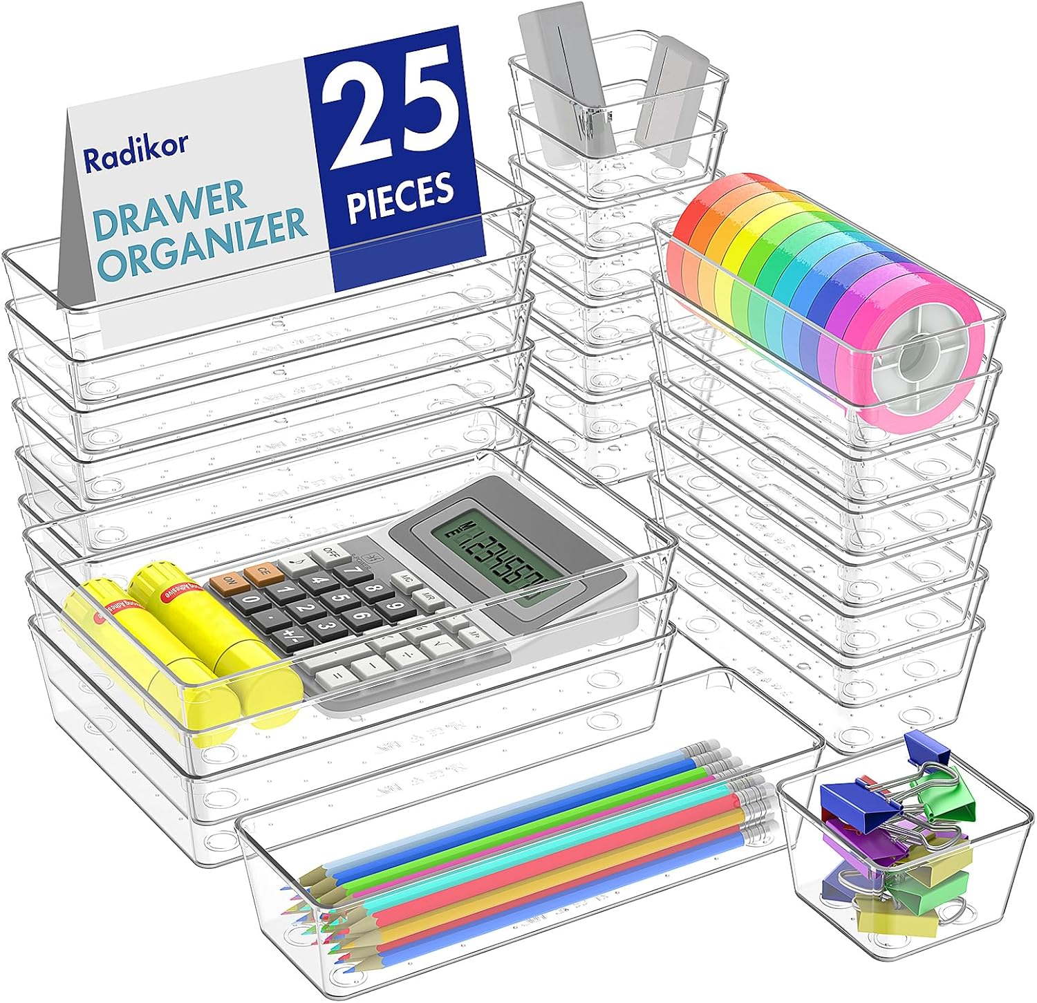 Lade-inzetstuk, lade-organizer, 25-delige make-uptafel-organizer in 4 maten, lade-organizer, make-up-organizer, lade-organizersysteem voor het bureau,