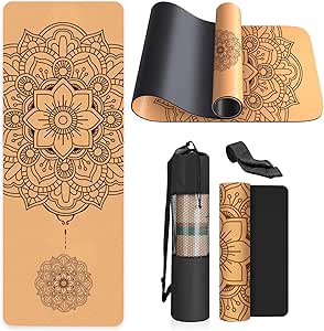 Yogamat – kurk, antislip, uniek ontwerp, extra dik natuurlijk kurk, TPE-fitnesstrainingsmat met draagtas en riem, voor thuis, pilates