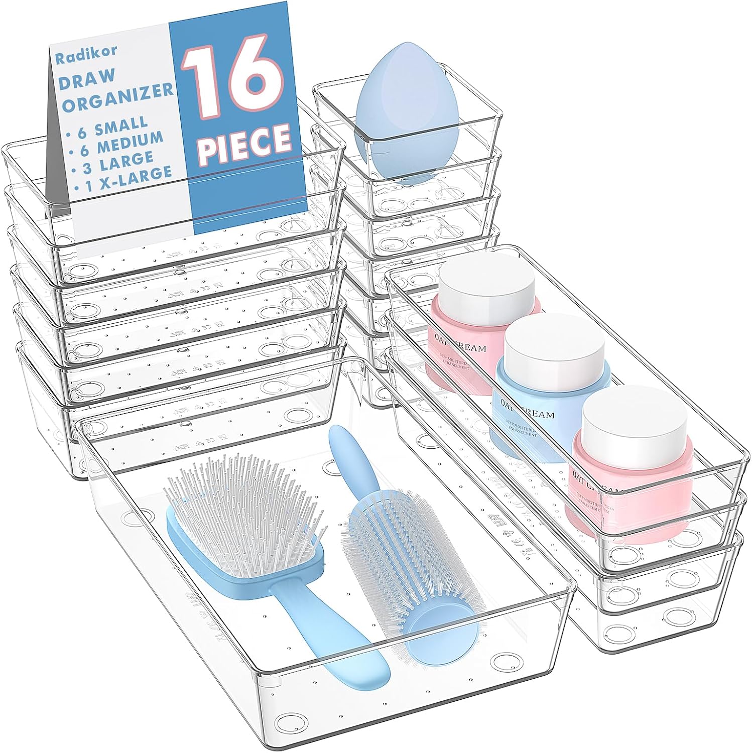Lade-organizer, set van 16 make-uptafel-organizers in 4 maten, lade-organizer, make-up-organizer, lade-organisationssysteem voor bureau, kantoor, keuken