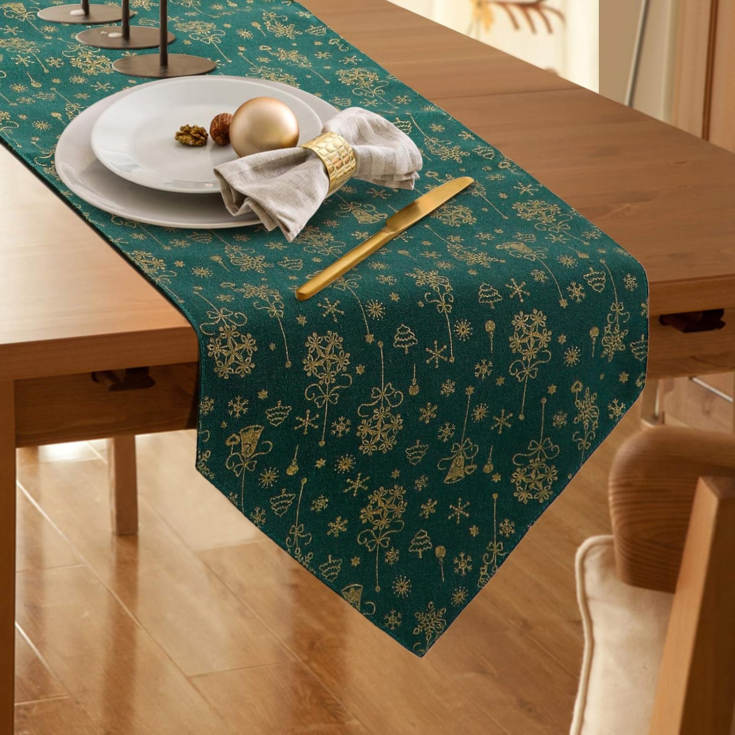 Kersttafelkleed, groen, met kerstboom en sneeuwvlokken, tafelkleed met warmdruk, kersttafeldecoratie, tafelkleed, tafellinnen, winter, kerst, keuken
