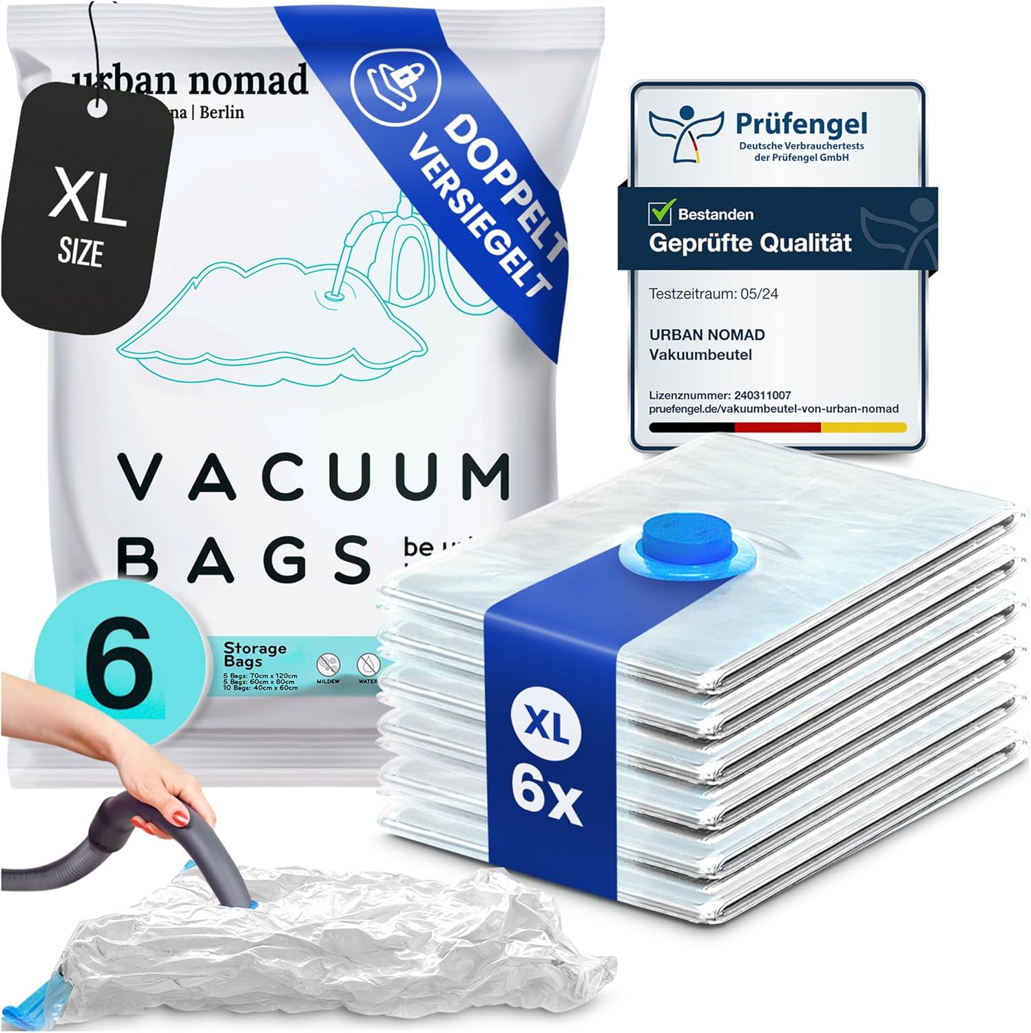 Vacuümzakken voor kleding, 6-delige XL-set – Vacuümzakken, herbruikbaar, 100% lekvrij, stevige reiscompressiezakken, kledingzak, opbergzak, vacuüm