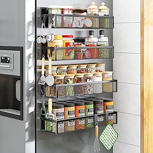 Magnetisch kruidenrek voor de koelkast, set van 4 magnetische rekken, magnetische koelkastorganizer met 8 beweegbare haken, magnetisch koelkastrek