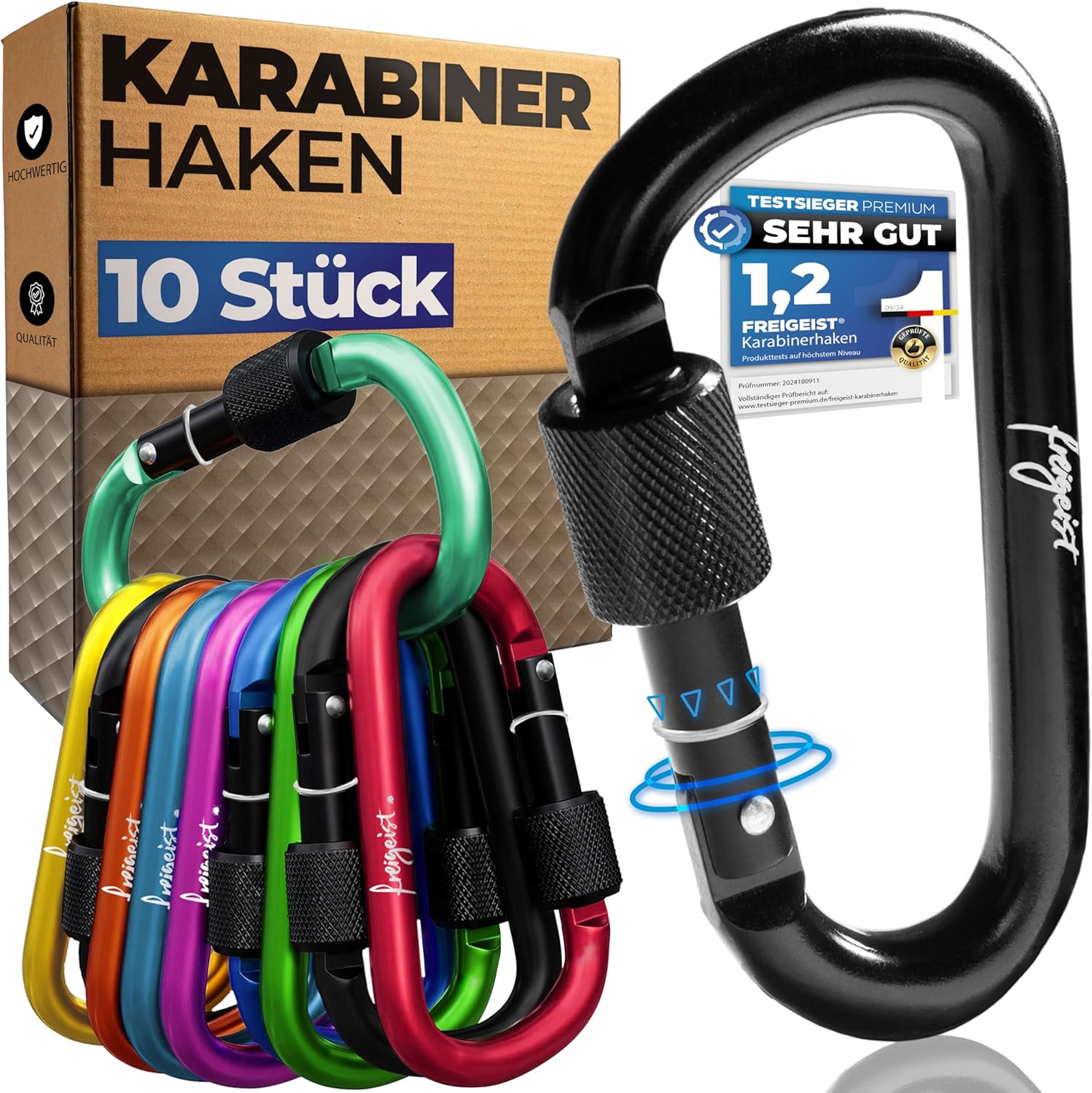 Karabijnhaken, klein pakket van 10 stuks, karabijnhaak-sleutelhanger, karabijnhaak met schroefsluiting + stopper, kleurrijke karabijnhaak-sleutelhangers, 7,5 cm grote karabijnhaak