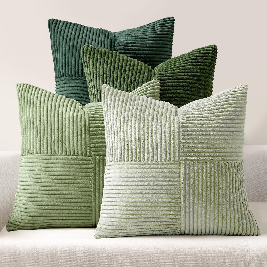 Set van 4 kussenslopen, 50 x 50 cm, corduroy bankkussens, patchwork-serie in groen, decoratieve kussenslopen, vierkante decoratieve kussenslopen voor de bank