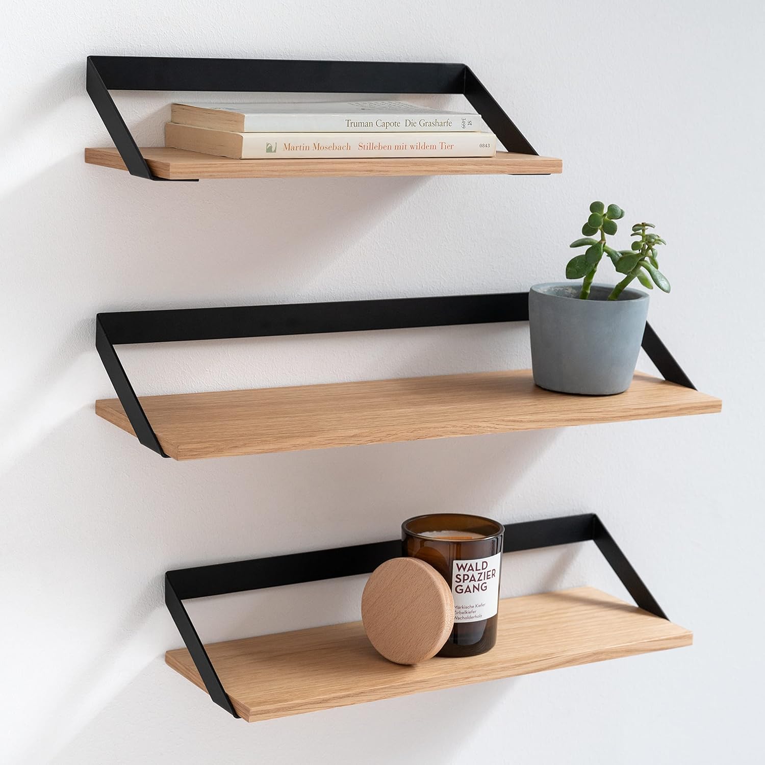 Wandrek-set, hangende rekken van metaal en echt houtfineer, wanddecoratie en rek voor badkamer, woonkamer, keuken, slaapkamer en Mo
