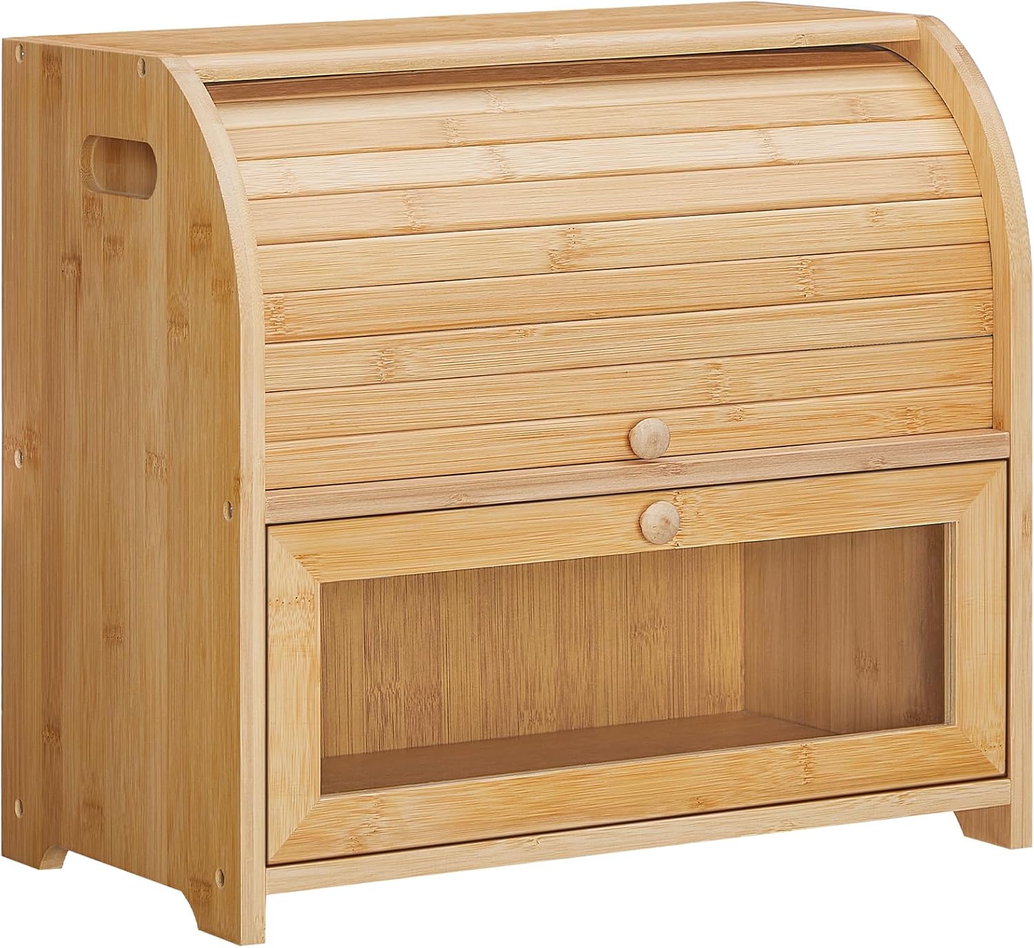 Bamboe broodmand, broodmand met 2 verdiepingen, broodkist, broodbewaarkist met roldeksel en vitrine, broodbak voor broodjes en gebak, voor in de keuken en