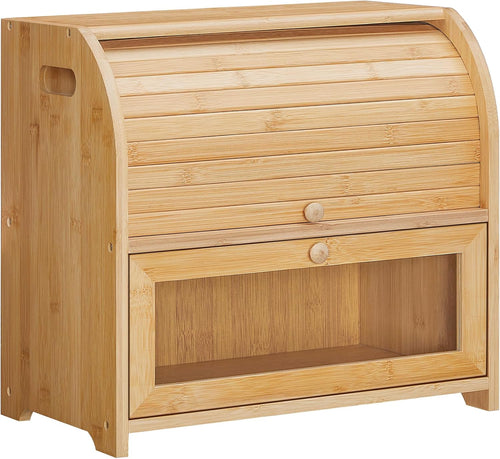 Bamboe broodmand, broodmand met 2 verdiepingen, broodkist, broodbewaarkist met roldeksel en vitrine, broodbak voor broodjes en gebak, voor in de keuken en