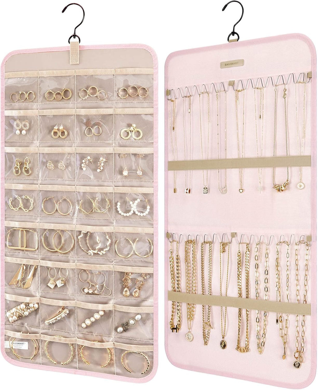 Ging sieradenorganizer-opbergrol met ophanghaak, metalen haken, dubbelzijdige sieradenhouder voor oorbellen, kettingen, ringen aan kast, muur, deur, 1 stuk
