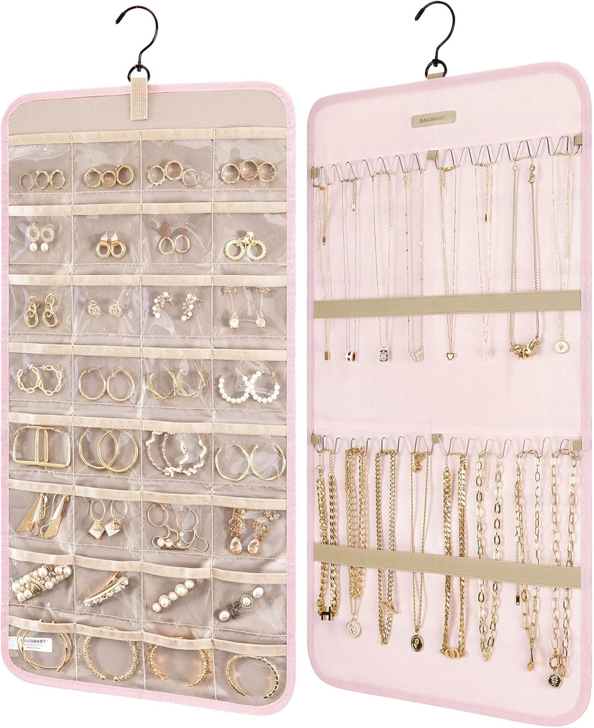 Ging sieradenorganizer-opbergrol met ophanghaak, metalen haken, dubbelzijdige sieradenhouder voor oorbellen, kettingen, ringen aan kast, muur, deur, 1 stuk