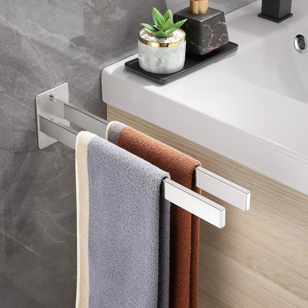 Handdoekhouder, boren, roestvrij staal 304, handdoekstang, dubbele handdoekhouder, rechthoekig, wandhanddoekhouder voor badkamer en keuken, 38 cm, zilver