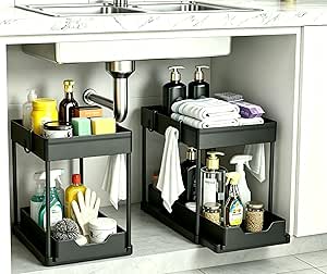 Keukenorganizer, 2 planken onder de gootsteen, keukenkastorganizer met 4 haken, kastmand voor keuken, badkamer, schoonmaakmiddelen, wasmiddelen (zwart)