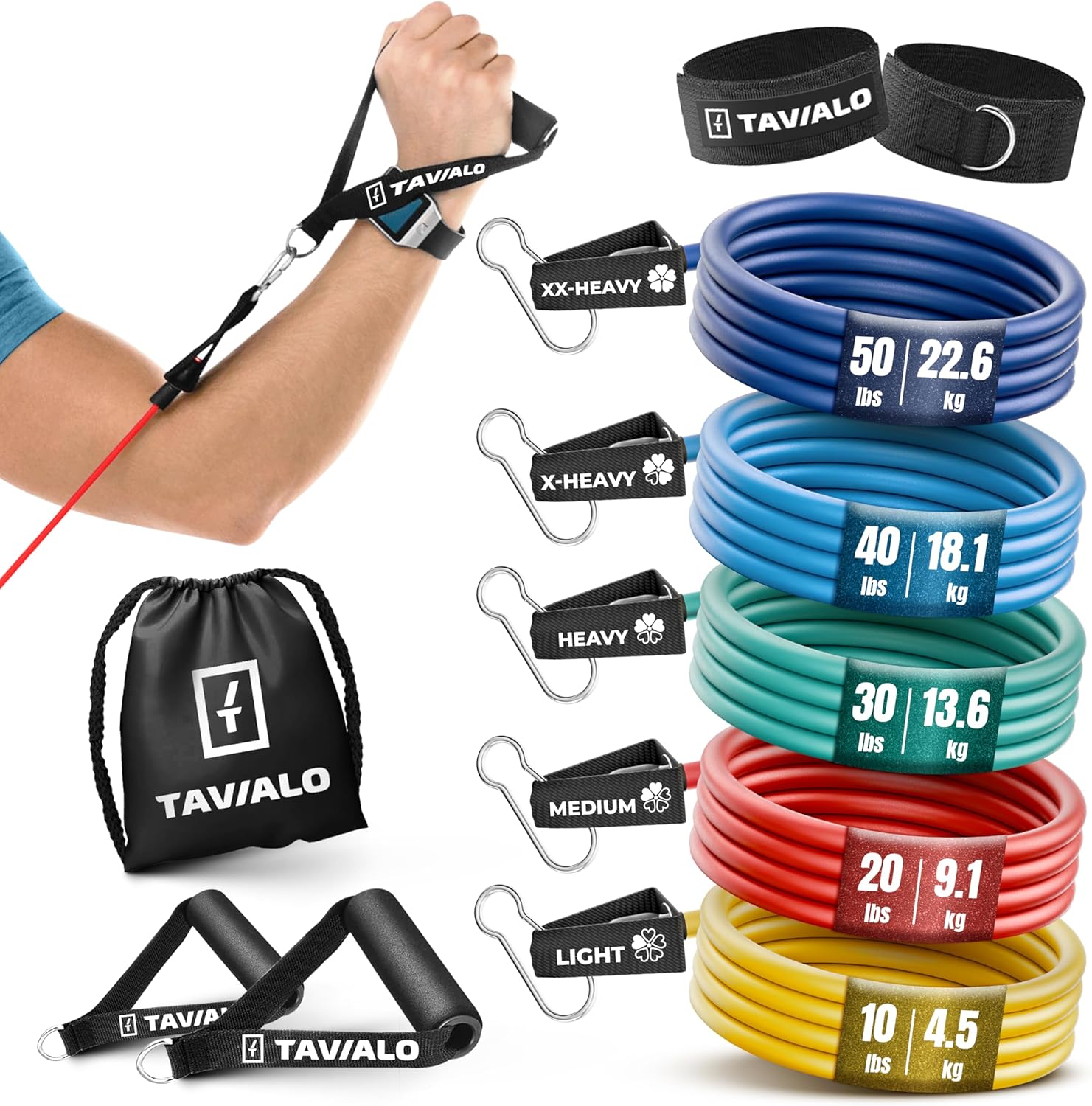 Set weerstandsbanden met 5 weerstanden – fitnessbanden met handgreep en deuranker van natuurlijk latex, weerstandsbanden voor spieropbouw en thuistraining