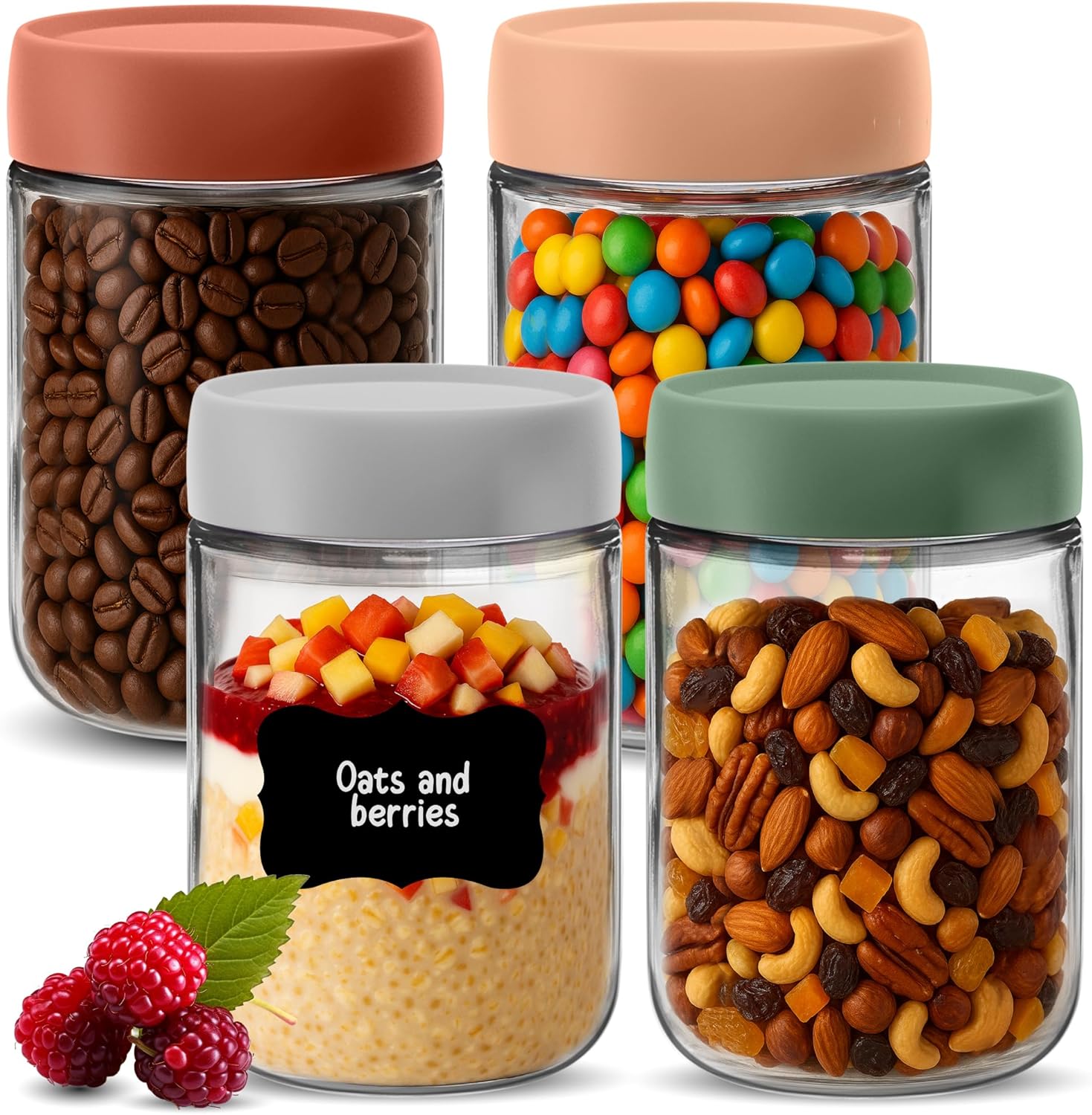 Havermoutpotten met deksel voor overnight oats, 600 ml, met luchtdichte, kleurrijke schroefdeksels, voedselveilige glazen ontbijtpotten met deksel voor yoghurt en chia-pudding, 600 ml, herbruikbaar