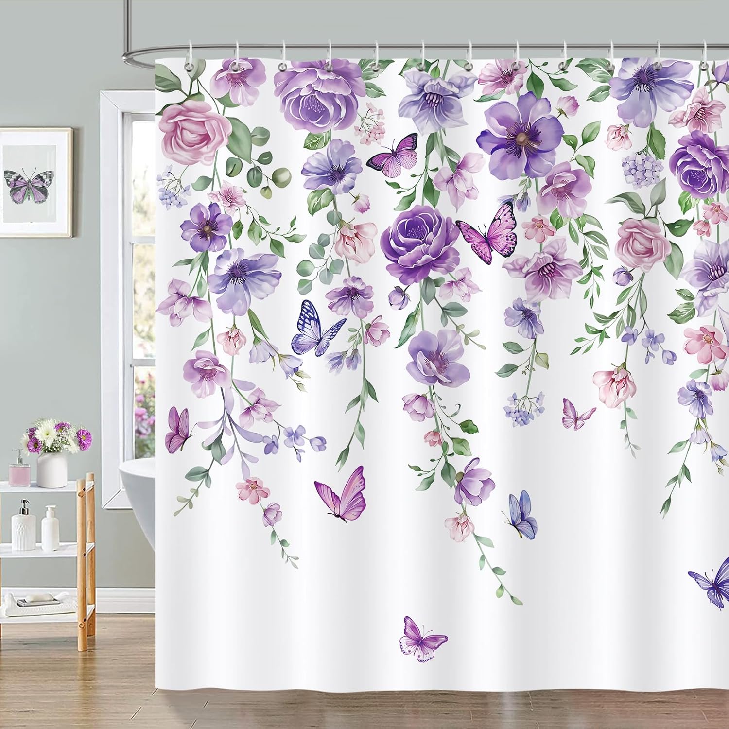 Douchegordijn Paarse bloemen Vlinders Aquarel Bloemen Bladeren Douchegordijnen 180 x 180 cm Schimmelbestendig Waterdicht Polyesterweefsel Wasbaar Badkamer