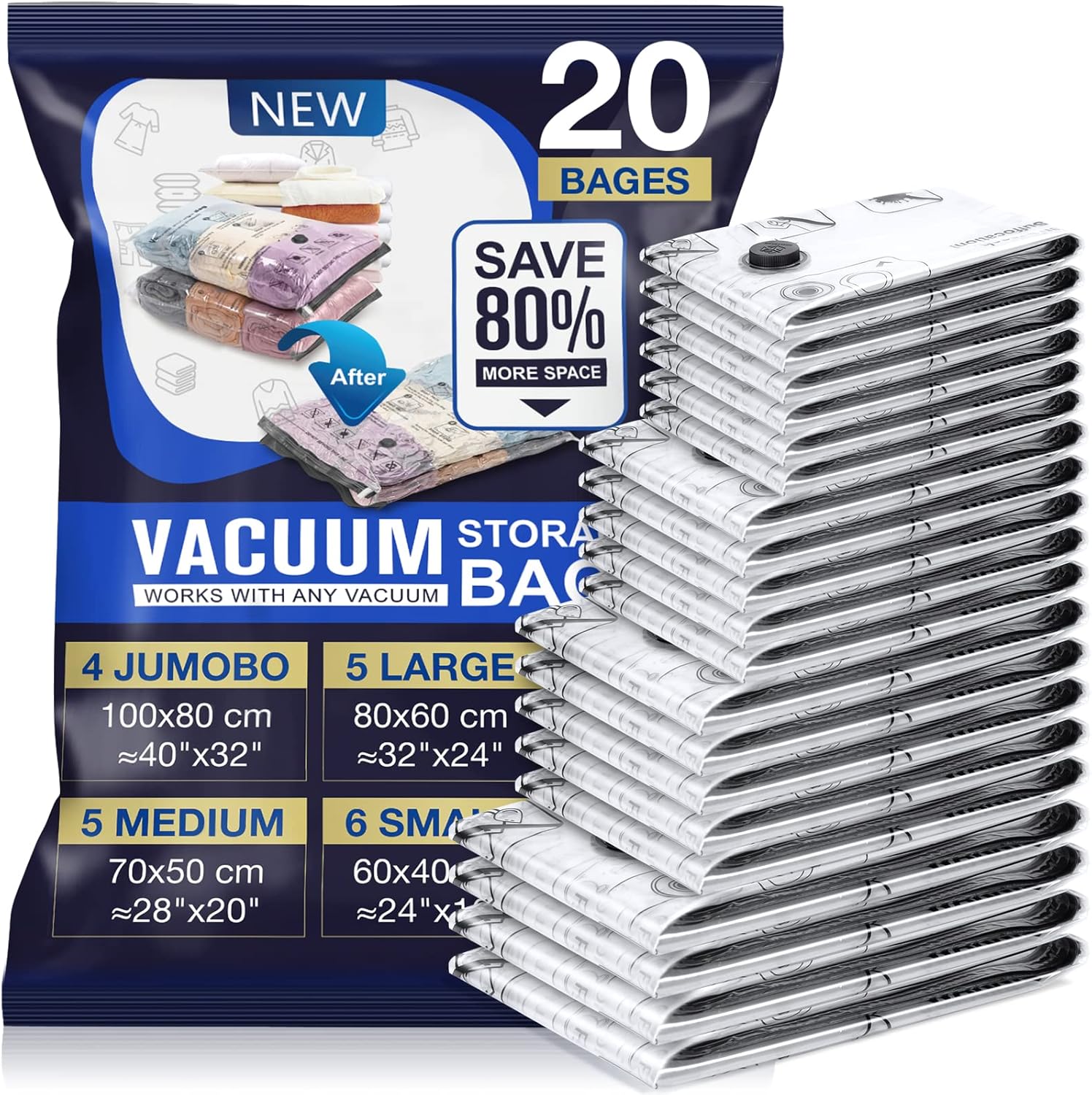 Vacuümzakken voor kleding, herbruikbare vacuümzakken voor kleding, set van 20: 4 jumbozakken (100 x 80 cm), 5 grote zakken (80 x 60 cm), 5 middelgrote zakken (70 x 50 cm)