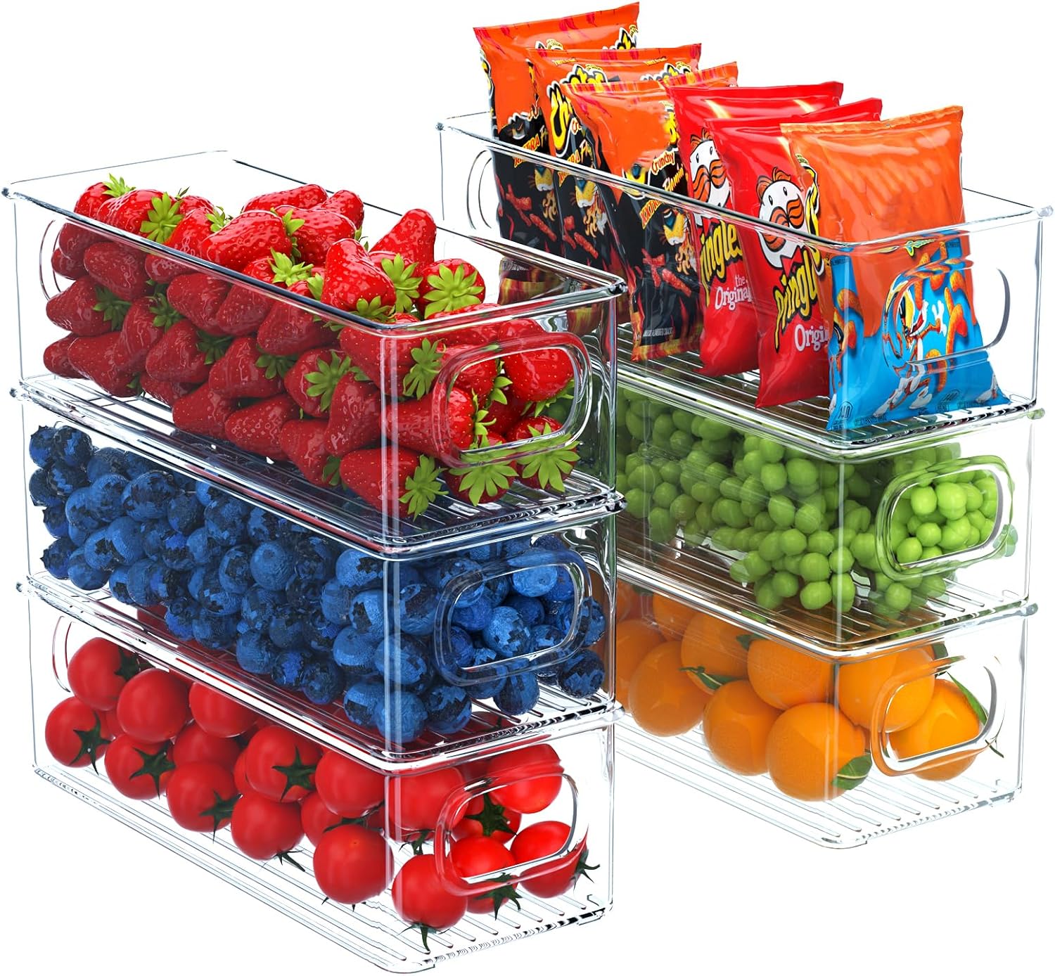 Koelkastorganizer, set van 6, stapelbare keukenopbergbakjes, koelkastbakjes met handvat, transparante voedselbewaring voor kasten, vriezer, voorraadkast – BPA-vrij