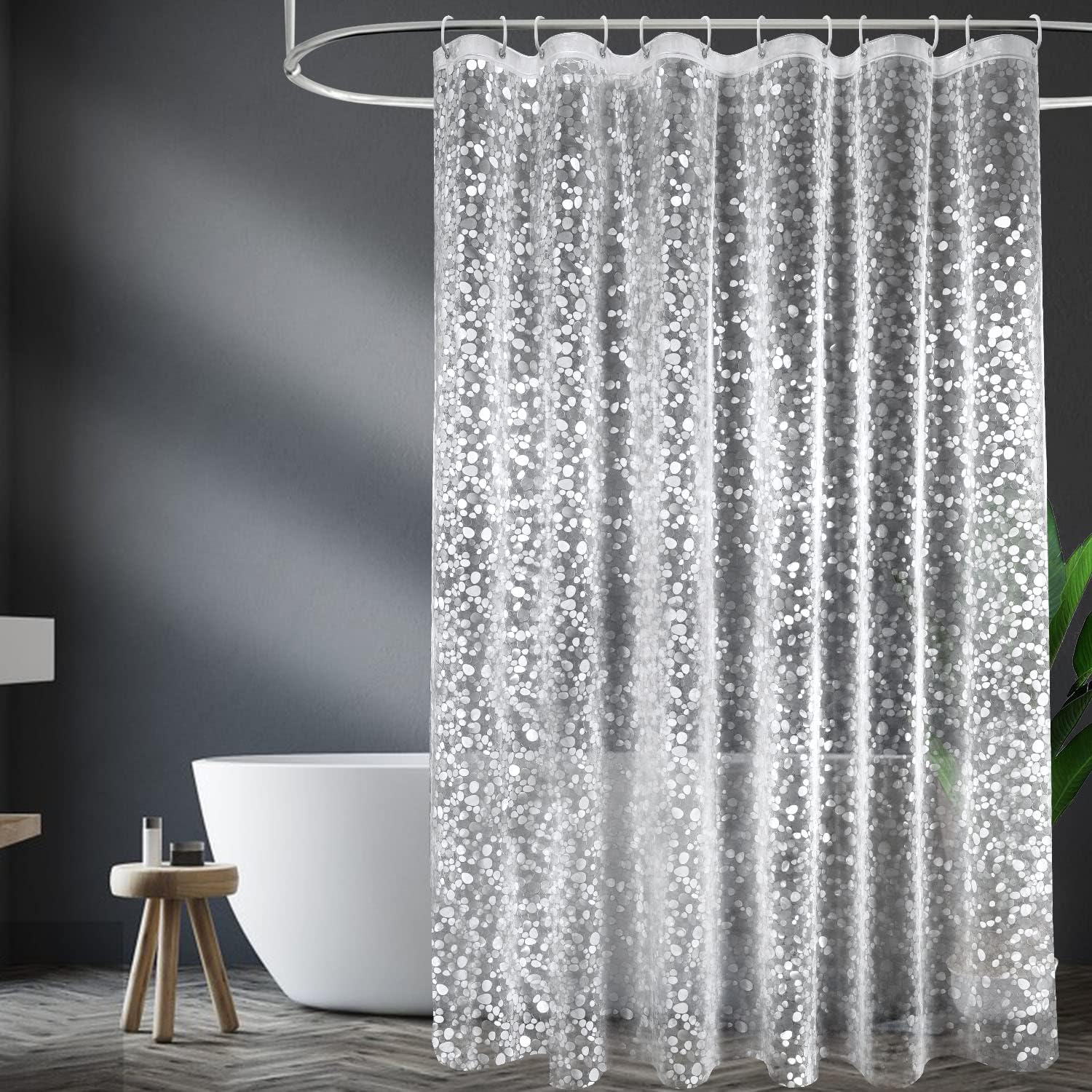 Schimmelwerend douchegordijn 180 x 200 cm met 3 sterkere magneten aan de onderkant, transparant met 3D-kiezelpatroon, waterdicht EVA-kunststof douchegordijn voor