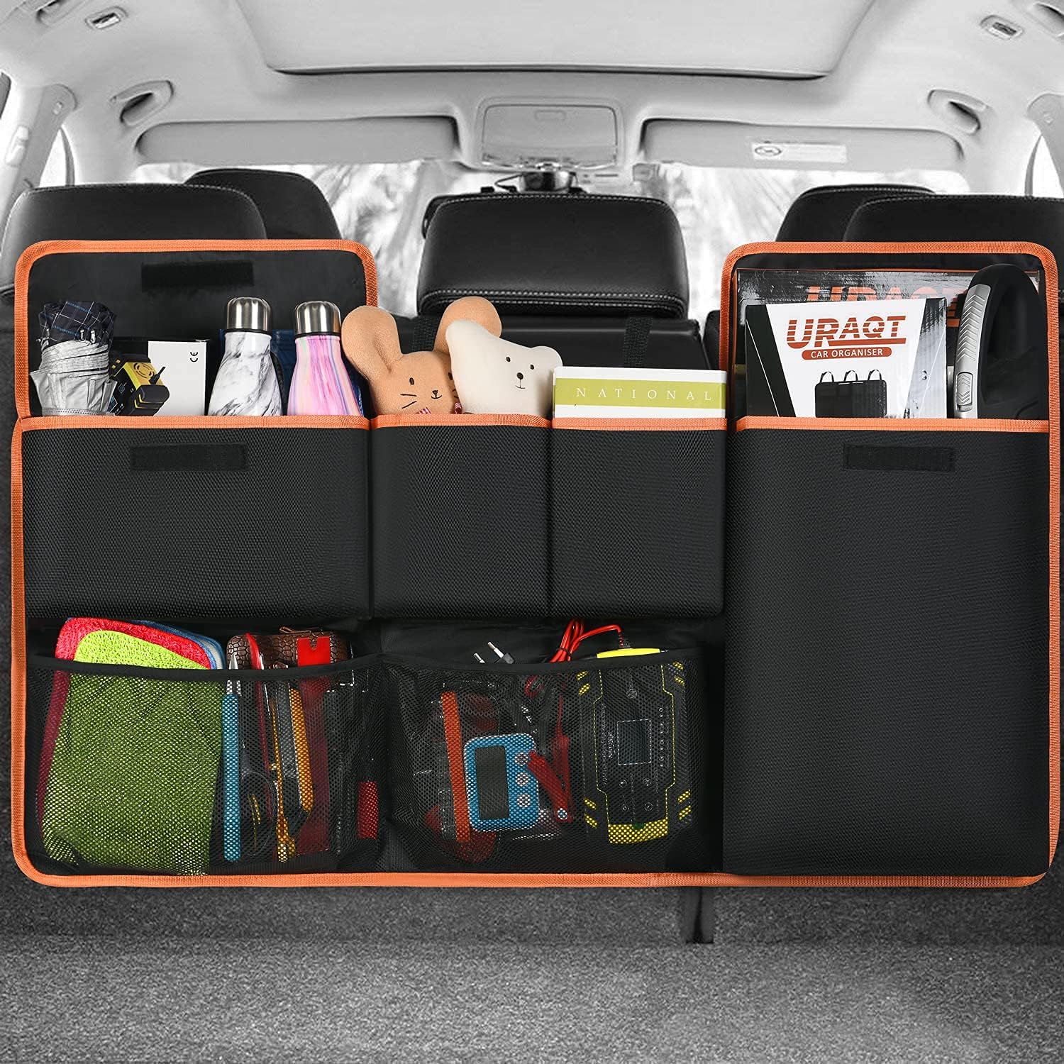 Kofferbakorganizer, 96 x 44 cm, grote opbergtas voor in de auto, kofferbaktas, waterdichte vakken, organizer voor op de autostoel met 6 vakken, verstelbare riemen en 3 bevestigingsmogelijkheden