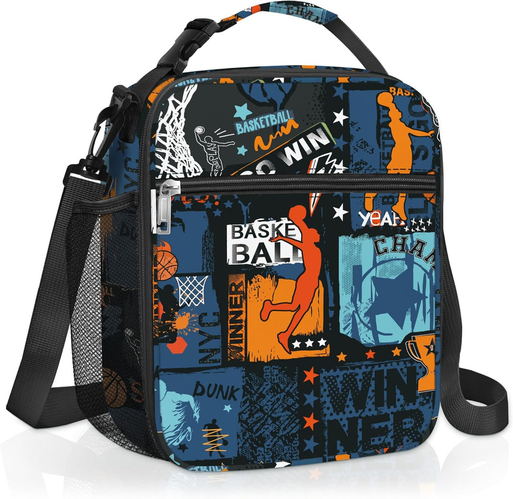 Zwarte geïsoleerde lunchtas voor kinderen in streetbasketbal-design, kleine koeltas voor jongens met flessenhouder, waterdichte lunchtas voor picknick en school
