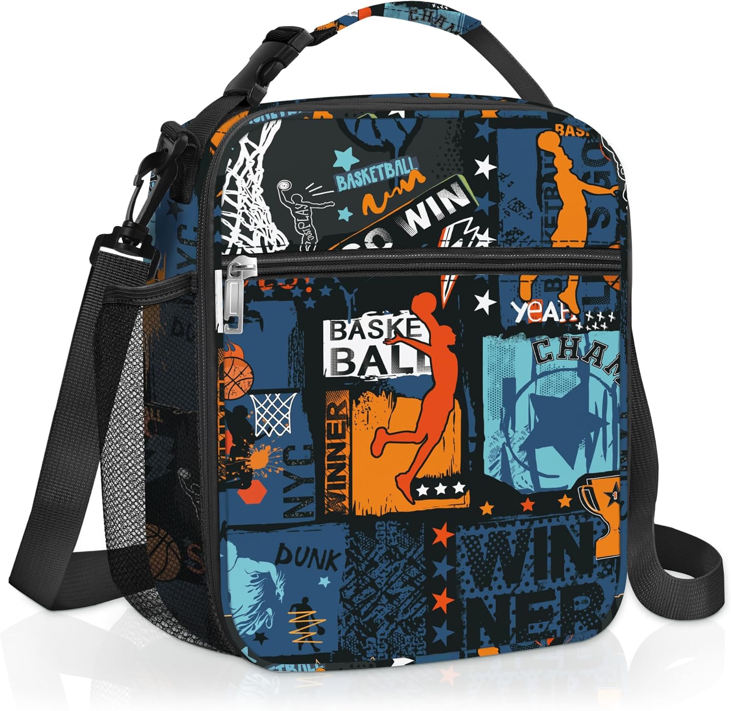 Zwarte geïsoleerde lunchtas voor kinderen in streetbasketbal-design, kleine koeltas voor jongens met flessenhouder, waterdichte lunchtas voor picknick en school